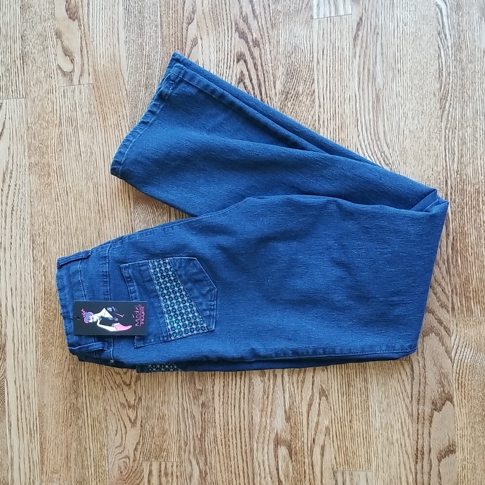 (S) NWT Módel France Dark Wash Denim Jeans ❤ Blingy Details Retro 80s Vintage